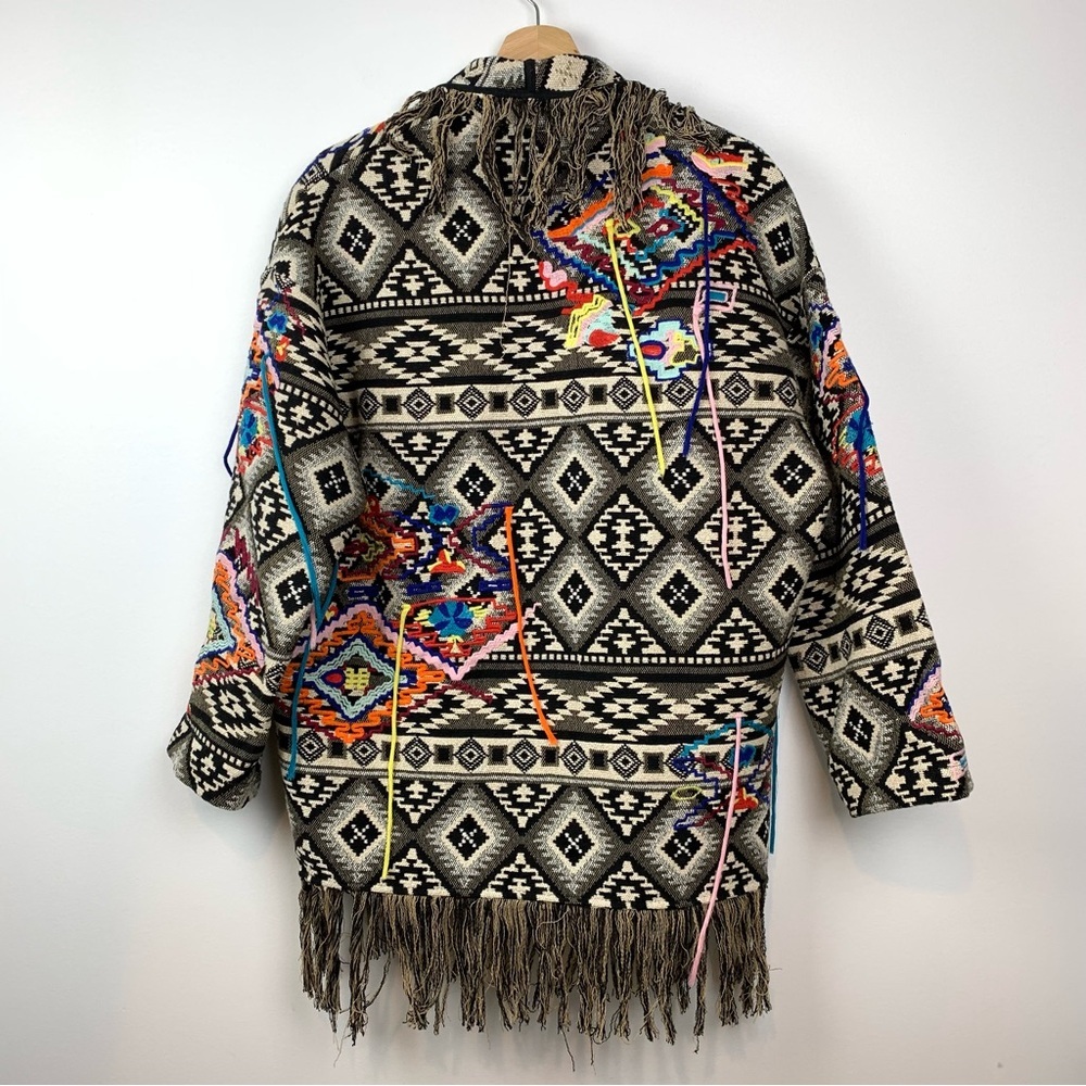 Zara Open Cardigan Jacket Tapestry Fringes Sz XS Oversized Multicolor Aztec Boho - Picture 2 of 15